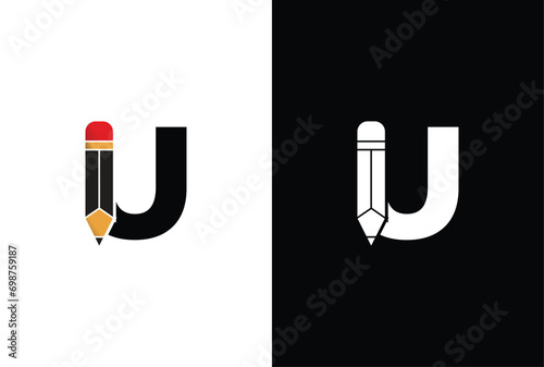 Letter U Pencil Logo Design. Letter U Pencil Vector Icon Graphic Illustration Background Template