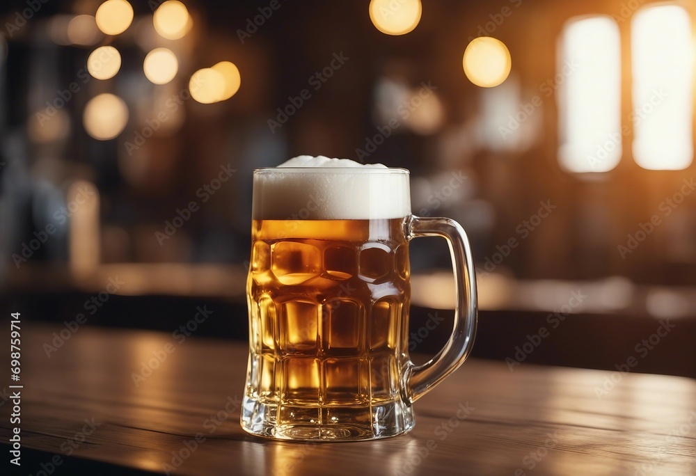 Glass of beer on wooden table in pub Glass of beer on wooden table in pub