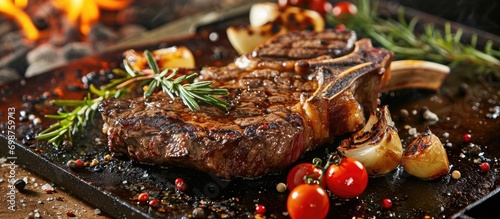 Grill rib steak on metal sheet photo