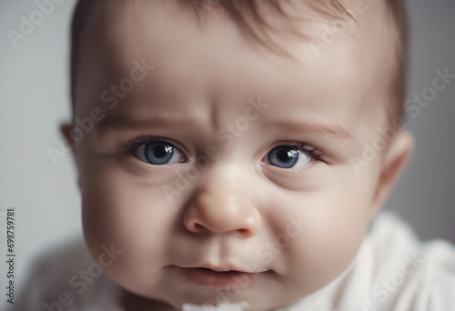 Portrait of a Cute Baby Boy with Blue Eyes on White Background Close up