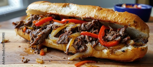 Philly cheesesteak sandwich with homemade onions and peppers. photo