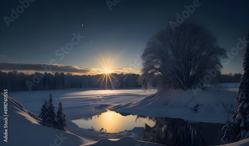 Snowy Winter night Landscape sunshine