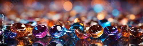 Close-up of colored glass beads with refracted light creating a vibrant mosaic of highlights and reflections against a non-uniform background
 photo