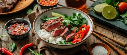 Thai-style rice bowl with diced beef steak on a wooden table.