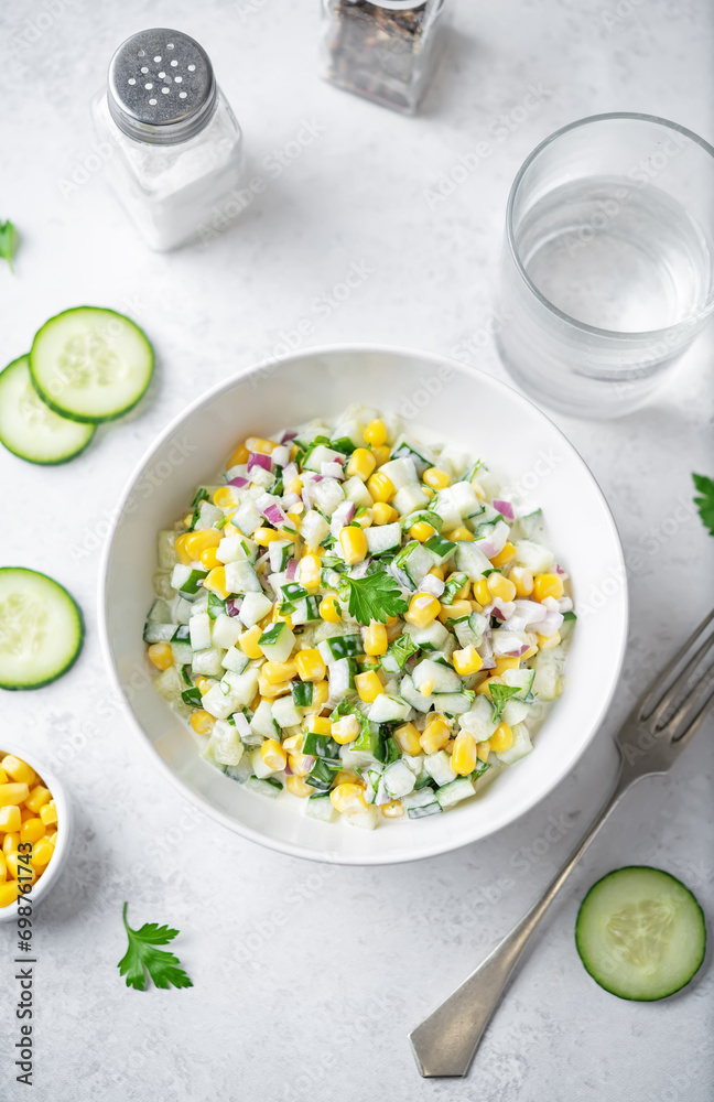 Cucumber corn salad in a bowl Cucumber corn salad in a bowl