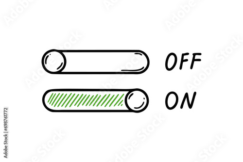 On Off switch doodle button. Active inactive hand drawn slider icon. Ui, app design element. Sketch vector illustration