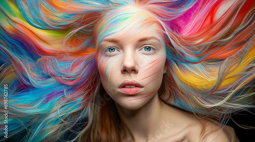 Young Woman with Face and Hair Decorated in Multiple Colours, Embracing Creativity, Empowered, Talented, Mindfulness and Self Expression, Paint Powder Splashes, Carnival Makeup, Party Fun