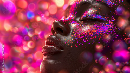 Young Woman with Colourful Glitter Makeup, Creativity and Empowerment, Mindfulness, Self Expression, Beauty, Magic, Cosmetics, Joyful Spa and Skincare, Carnival Art Makeup, Festive Party, Celebration