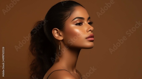  Beautiful sensual sexy young Latin ethnic woman model posing profile side face touching chin on brown background 