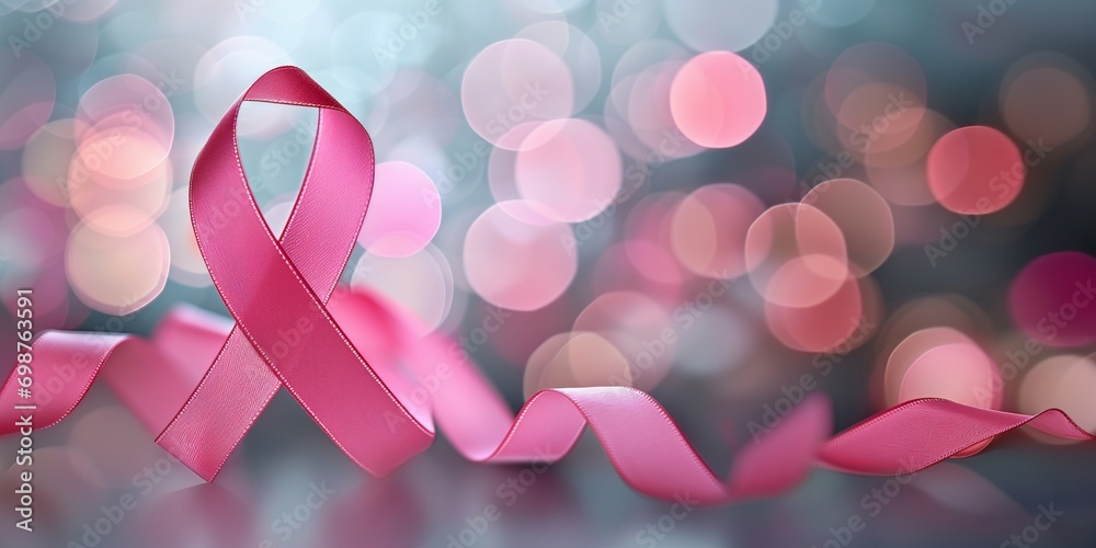 pink ribbon breast cancer in bokeh background - obrazy, fototapety, plakaty 