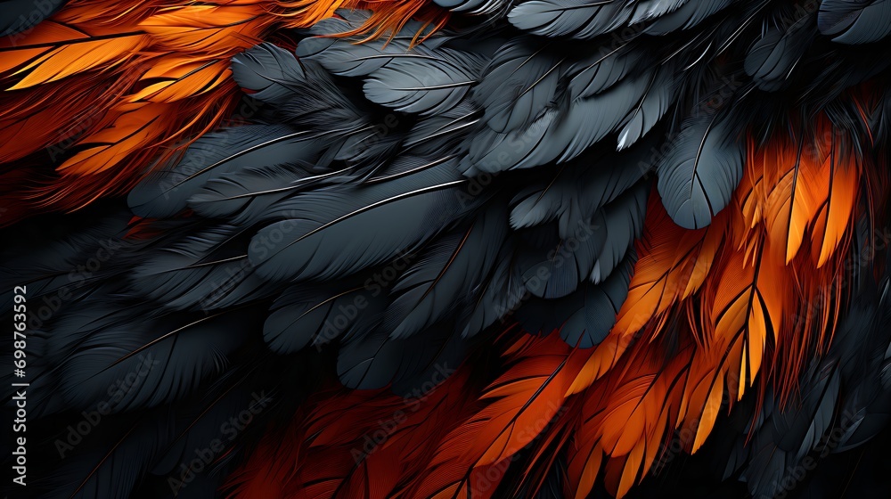 Fototapeta premium close-up of black and orange feathers with striking texture