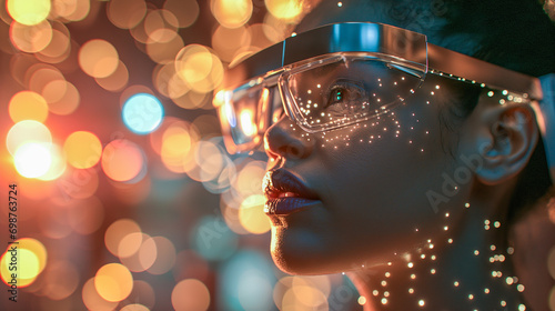 Woman Enjoying Immersive Internet Experience, Futuristic Virtual Reality Goggles, Empowerment, Infinite Possibilities, Digital Physical Augmented, Entertainment, Intuitive Work Environment, Future 