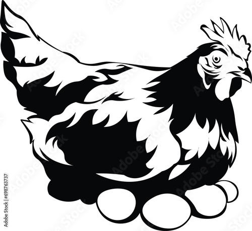 Cartoon Black and White Isolated Illustration Vector Of A Chicken Laying On Top of Chicken Eggs