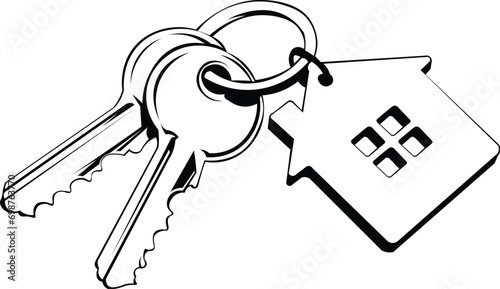 Cartoon Black and White Isolated Illustration Vector Of A Pair Of House Keys with A House Keychain