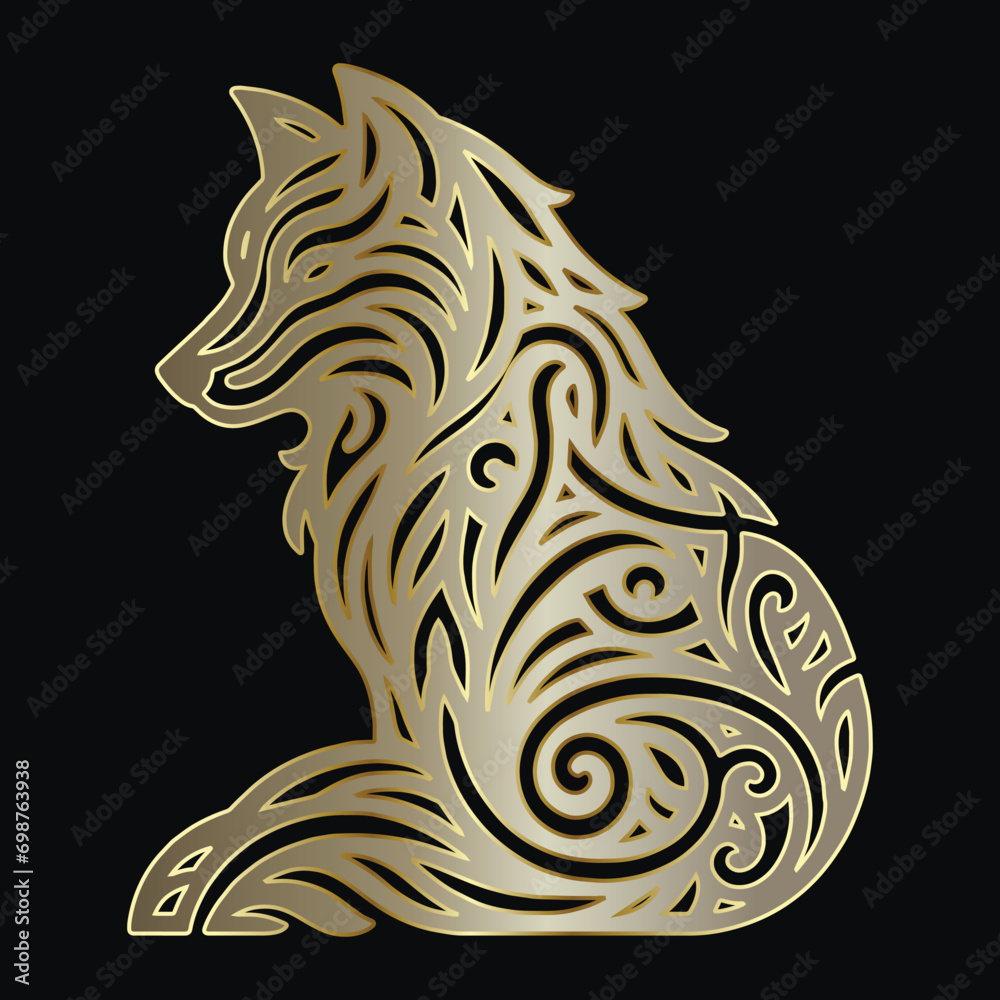 Luxury gold ornamental line art wolf pattern. Modern vector black background with patterned golden wolf. Intricate vintage ornaments. Decorative ornate trendy isolated design. Logo. Element. Tatoo