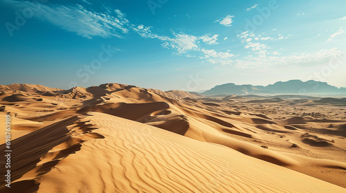 Endless Sahara Horizon   An expansive view of the Sahara Desert  with a clear blue sky stretching over endless dunes  showcasing the breathtaking vastness of the desert