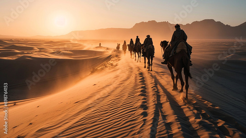 Nomad’s Camel Caravan: A caravan of camels led by nomads, traversing the vast desert with sand dunes stretching to the horizon, embodying the spirit of desert journeys