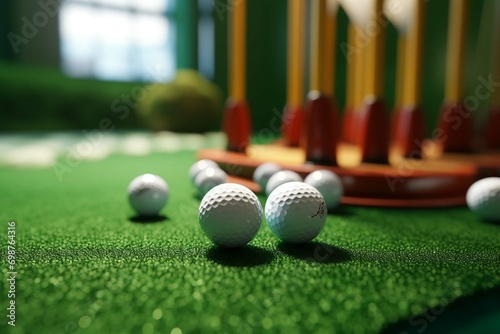 
Multiple mini golf clubs and balls on putting green background with copy space 