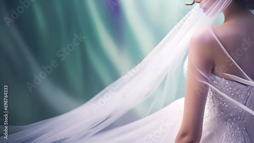 Ethereal Elegance: A Bride's Veil Gracefully Flowing Captured in the Gentle Light, Empty Copy Space for Video Text or Motion Graphics, Looping photo