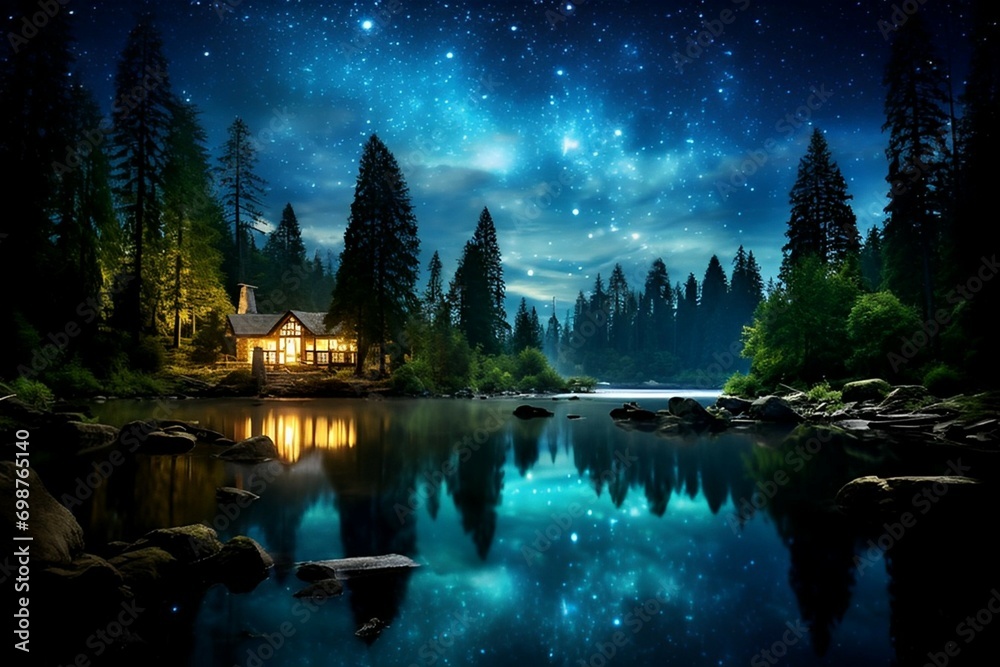 a charming cottage on the edge of a calm river on a starry night in the forest - obrazy, fototapety, plakaty 
