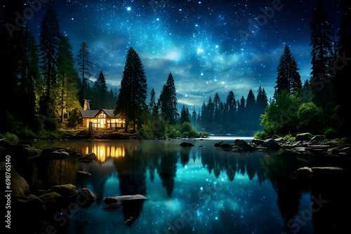 a charming cottage on the edge of a calm river on a starry night in the forest photo