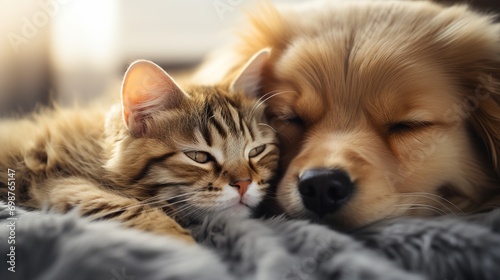 a cat and dog are cuddling together on a blanket