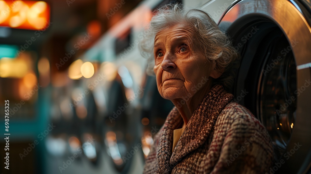 An elderly woman stands near a washing machine