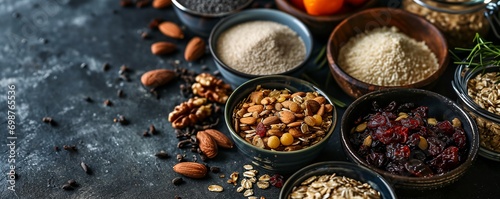 a variety of nuts and fruits are arranged in bowls on a table