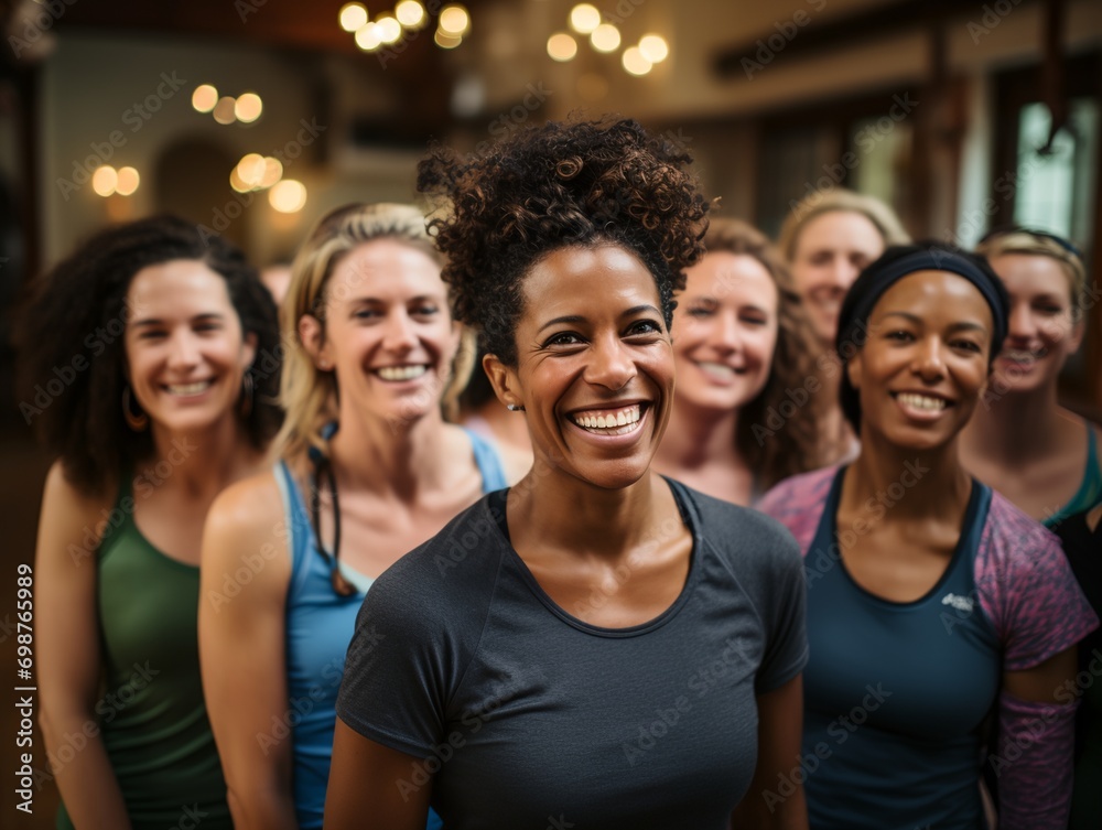 a group of women laughing together in a gym