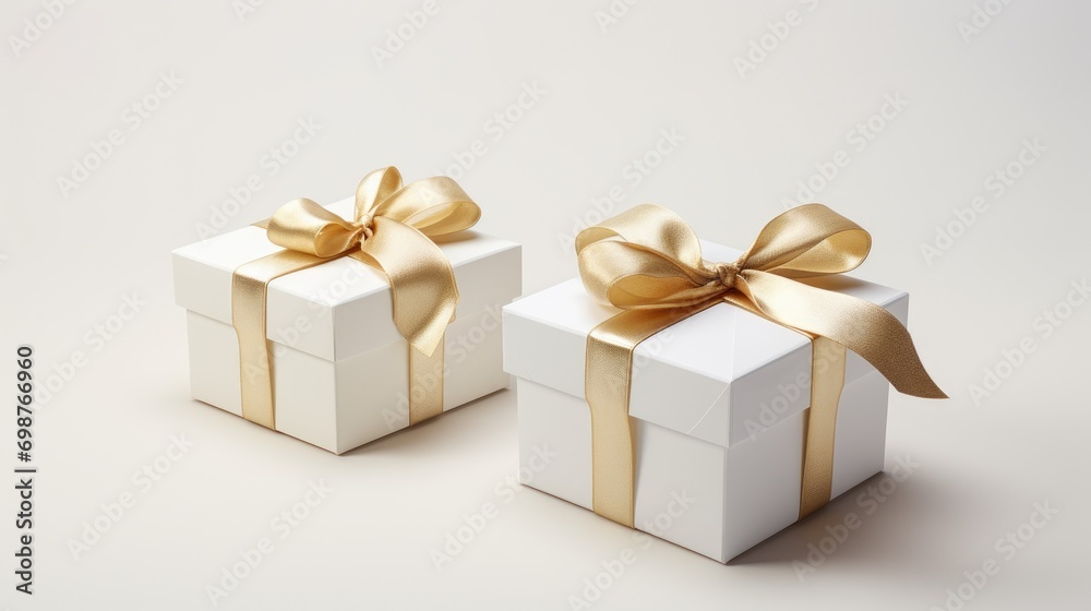 Obraz premium Luxury white gift boxe with gold ribbon in white background and, minimal gift box, birthday, happy, Mother's Day, Father's Day, black friday, white package