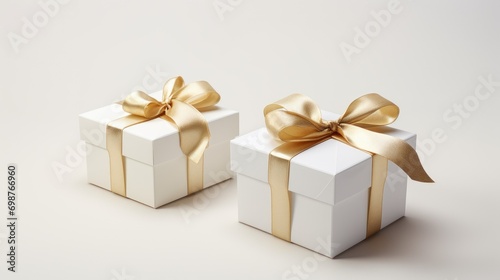 Luxury white gift boxe with gold ribbon in white background and, minimal gift box, birthday, happy, Mother's Day, Father's Day, black friday, white package