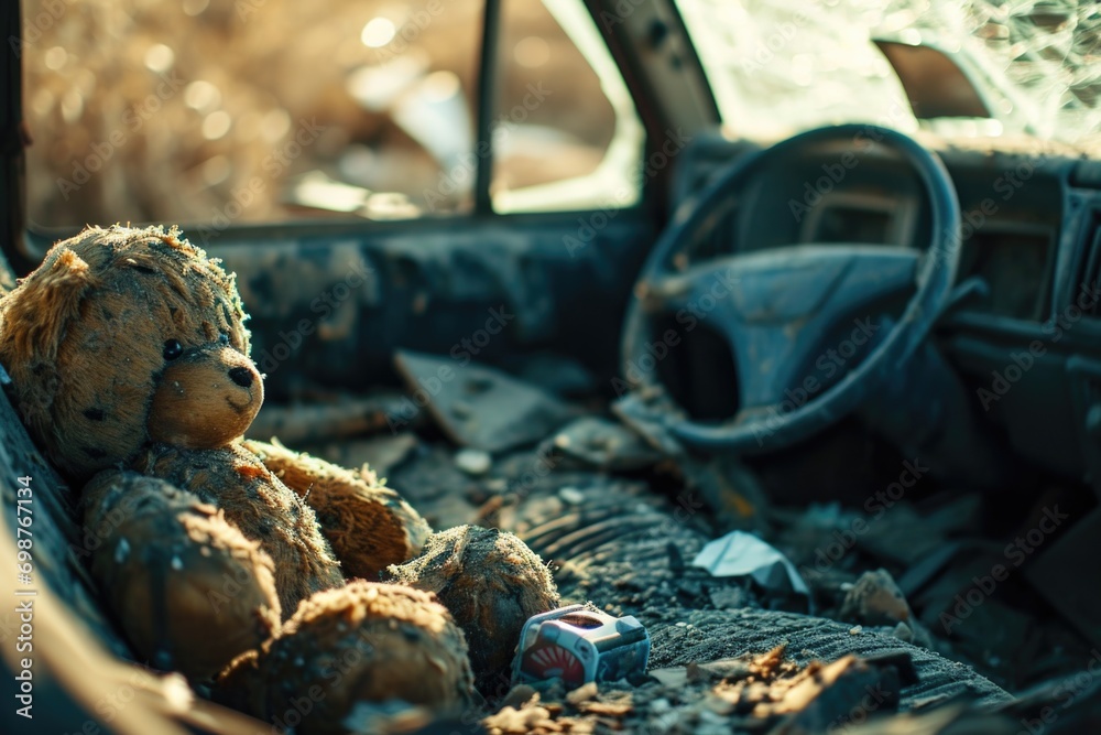 Old Teddy Bear and Broken Steering Wheel in Vintage Car