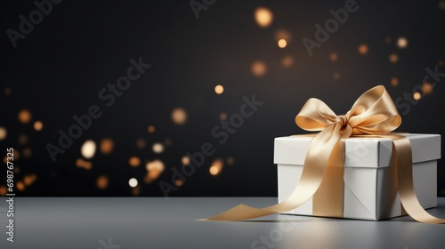 Luxury white gift boxe with gold ribbon in black background and, minimal gift box, birthday, happy, Mother's Day, Father's Day, black friday, white package, golden lights, blurred bokeh photo