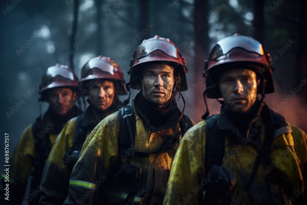 Men at the Firefront: Striking image showcasing male firefighters at the forefront of battling a forest fire