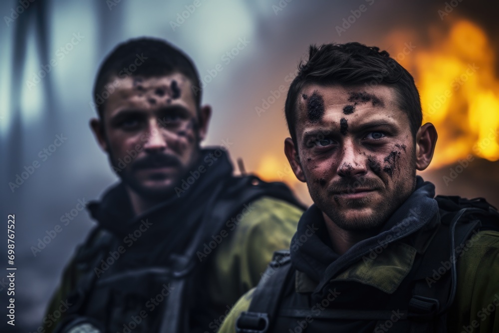 Heroes Amidst the Flames: A striking photo capturing male firefighters standing strong amidst the backdrop of a raging forest fire Heroes Amidst the Flames: A striking photo capturing male firefighters standing strong amidst the backdrop of a raging forest fire