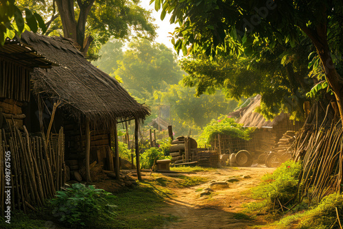 Ancient village life, a snapshot of daily life in an ancient village within a primitive society, illustrating early forms of agriculture, craftsmanship, and social interactions, with copy space.