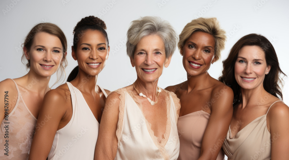 Diverse group of European women, spanning generations, against a clean white backdrop Diverse group of European women, spanning generations, against a clean white backdrop