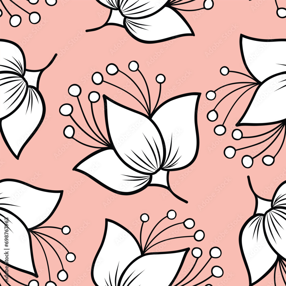 seamless repeat pattern with beautiful white floral motifs on a peach pink background perfect for fabric, scrap booking, wallpaper, gift wrap projects