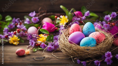  Easter painted colorful eggs in a nest and fresh flowers on a wooden background.copy space.Easter card. 