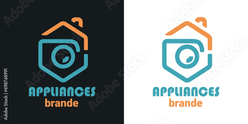 Aquamarine and orange logo for a household appliance store, hexagonal shape