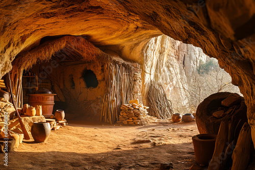 Cave dwelling community, an image of a primitive society living in cave dwellings, emphasizing early human habitats and lifestyle, with copy space for educational content and historical storytelling. photo