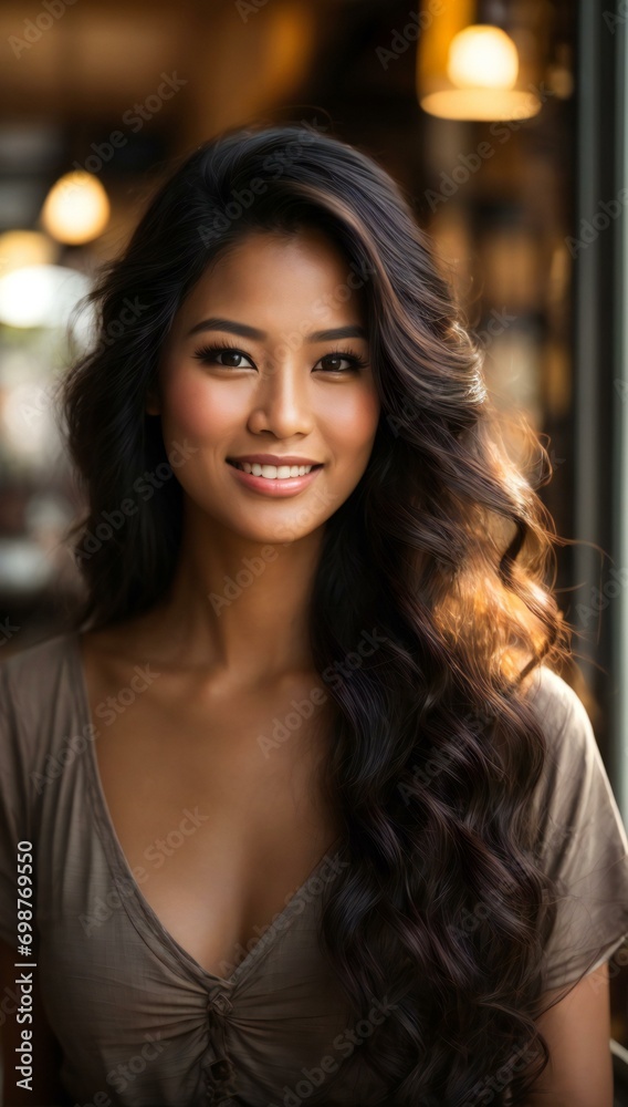 Positive Portrait of a young woman smiling by the window. Image created using artificial intelligence. Positive Portrait of a young woman smiling by the window. Image created using artificial intelligence.