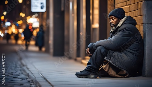 Black man kneeling on street sidewalk, begging for money, racialized homeless  man. photo