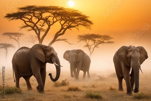 Beautiful African elephants walk through the dust of the hot savanna, artistic image.