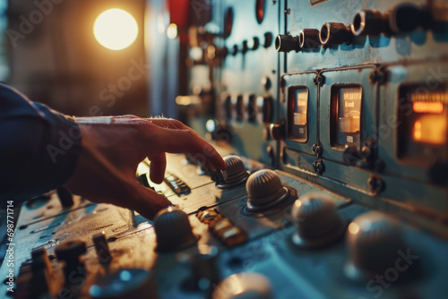 A person's hand pressing a button on a control panel. Can be used to illustrate technology, automation, or human-machine interaction photo