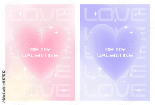 Modern Y2k design Valentine’s Day poster, greeting card set. Be my Valentine banner.Trendy aesthetic minimalist aura heart vector illustration with abstract shapes, gradient and typography.