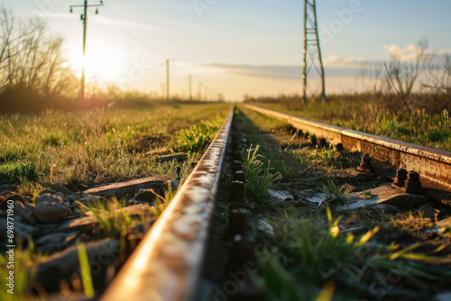 Train track lying in the grass. Perfect for transportation or nature-themed projects photo