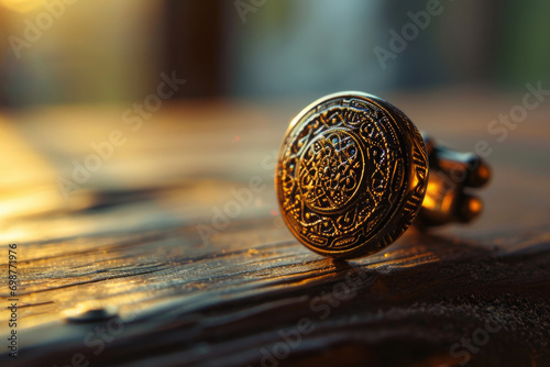 A close up shot of a ring resting on a wooden surface. Perfect for jewelry stores or wedding-related designs