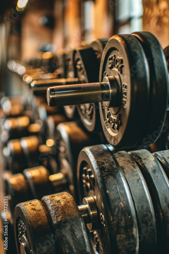 A close-up view of a row of dumbbells in a gym. Can be used to illustrate fitness, strength training, or workout concepts photo