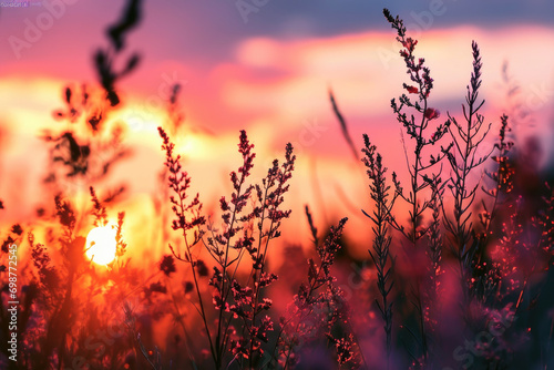 The sun is setting behind a beautiful landscape of tall grass. Perfect for nature enthusiasts and those seeking a serene and peaceful atmosphere